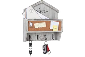 J JACKCUBE DESIGN Wall Mounted Rustic White Wash Mail and Key Holder, Wooden Floating Organiser with Mail Storage, 4 Key Holders and Pin Board for Entryway, Mud Room, Living Room, Office-MK623A