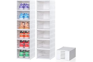 JULY'S SONG Pudełka na buty, zestaw 6 sztuk, możliwość układania w stos, przezroczyste, twarde tworzywo sztuczne, białe, pudełko na buty, organizer na buty z pokrywką do rozmiaru 44, łatwy montaż