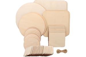 Wenrescry 53 rodajas de madera, placas de madera sin tratar para manualidades, redondas, cuadradas, para pintura, graffiti, pirografía y decoración, con cuerda de cáñamo y 7 tamaños