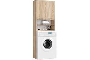 AKORD | Armadio Pensile per Lavatrice | Armadio di trasformazione con 2 ante, 2 Ripiani Aperti | Archivio per bagno | Cassettiera per lavatrice | 64x180x30 cm | Peso 30 kg | Rovere Sonoma