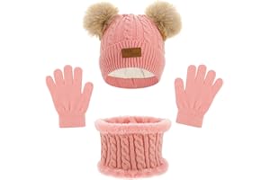 ViEinkaufen Kids Winter Warm Beanie Hat Scarf Gloves Set,3 in 1 Thermal Knitted Pom Bobble Hat Scarf Gloves Set for Girls 3-6 Children Winter Warm Accessories for Outdoor Sports