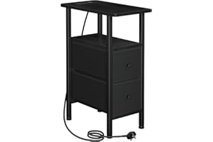 AMHANCIBLE Slim Bedside Table with Charging Station, Narrow Side Table with 2 Fabric Drawers, Small End Table with Open Storage Shelf, Nightstand for Small Spaces, Living Room, Black HETNDP02BK-1