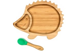 KLEINER FUCHS Assiette Bebe Ventouse Antidérapante avec Cuillère pour Bébé Assortie - Set de Vaisselle en Bambou de Haute Qualité avec Boîte Cadeau Élégante - Assiette Bebe Bambou (Hérisson)
