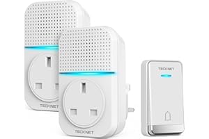 TECKNET Self-Powered Doorbell, Waterproof IP65 Twin Wireless Doorbell No Battery Required Push Button Plug Through Cordless Door Chime at 1300ft Range with 60 Chimes, 5-Level Volume & LED Light