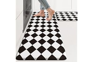 KIMODE Anti Fatigue Kitchen Mats for Floor, Farmhouse Rugs for Kitchen Floor, Kitchen Floor Mat Non Slip, Cushioned Standing Mat for Laundry Office Sink Desk Black and White Diamond 17"x47"+17"x29"