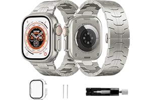 AUXIRACER Kolorowy tytanowy pasek ze stali nierdzewnej kompatybilny z Apple Watch 49 mm 45 mm 44 mm 42 mm, z zapięciem na motyle, etui PC kompatybilne z Apple Watch Ultra 49 mm