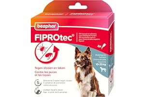 BEAPHAR – FIPROTEC Solution Spot-on pour Chiens Moyens (10-20 kg) 134 MG – À Base de Fipronil – Contre Les Puces – Protège Contre Les Infestations par Les Tiques – 4 Pipettes de 1,34 ML