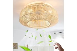 KZT Rétro Ventilateurs de plafond avec éclairage et Télécommande Silencieux E27 Fan Plafonnier Vintage Tissage Bambou Et Rotin Tissé Lampe de Plafond pour Salon Chambre Salle à Manger Cuisine Lumière