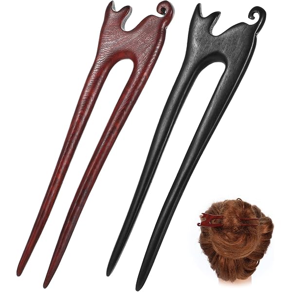 French Pin Haarnadeln Mit Katzendesign - 2 Stück Aus Holz, Handgefertigt Für Dicke Haare