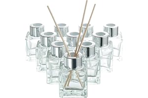MATANA 10 Eleganckich Pustych Szklanych Dyfuzorów z Nakrętkami i 40 Patyczkami - Do Olejków, Dekoracji - 50ml, Dyfuzor z Patyczkami