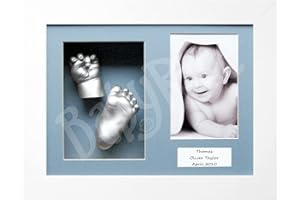 BabyRice Baby Casting Kit with White 12x9 Shadow Box Display Frame, Silver Paint for Hand, Foot Casts (Blue/Blue)