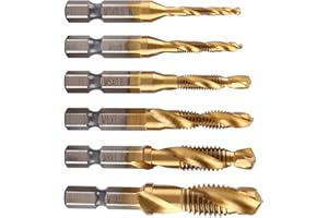 ESTINK Zestaw 6 gwintowanych gwintów, wiertło do gwintów metrycznych M3-M10 z powłoką tytanową HSS i końcówkami gwintującymi 1/4" sześciokątny rowkowany ogon do gwintowania różnych gwintów