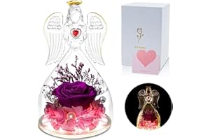 skelo Geschenke für Mama, Ewige Rose im Engel Figur, Infinity Rosen Geburtstagsgeschenk für Frauen, Ewige Blume in Engel Glaskuppel mit LED Licht, Weihnachten für Freundin Oma Mutter Geburtstag, Lila