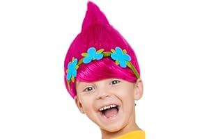 BALINCO Parrucca da Troll per bambine e bambini in rosa, turchese e verde per completare il costume da Trolls a carnevale e in maschera (rosa + corona di fiori)