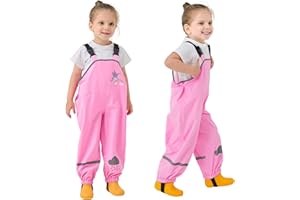 Domueay Kids Rain Trousers Girls Boys Rain Dungarees Waterproof Bib Overalls Lightweight Unisex Animal Pattern Mud Dirty Proof Pants with Reflective Strip Children Rainwear for 2-7 Years