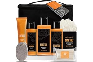 BODY & EARTH Prezenty dla mężczyzn, 8 sztuk cytrusowych zapachów, zestaw upominkowy z żelem pod prysznic, szamponem, do mycia twarzy, peelingu ciała itd. Męski sportowy zestaw kąpielowy z przenośną torbą podróżną