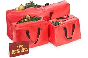 Festive Fix Christmas Tree Bag 3pc Storage Bag Set for Tree, Decorations & Lights, Multipurpose Heavy-Duty Waterproof Material with Reinforced Handles & Zippers - Jolly Red 3pc Set