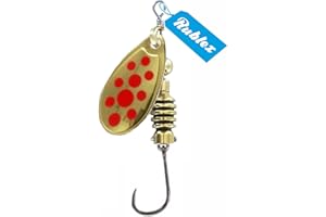 Rublex - Pack de 5 Cucharillas de Pesca Celta-2 OPR | Cebo Artificial de Pesca con Anzuelo Simple sin Muerte Fácilmente Intercambiable con Sistema Quita-Vueltas, Color Oro Puntos Rojos, 3'5gr