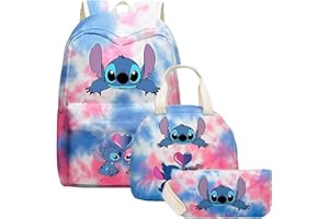 Popubear Lilo and Stitch – Lot de 3 sacs à dos décontractés pour filles, avec sac à déjeuner, trousse à crayons, pochette pour adolescents, garçons et filles, 3 pièces., Taille unique