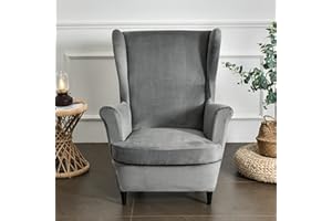 MINGPINHUIUS Wing Chair Slipcover 2 Piece Set - 2 IN 1 Design Removable Soft Velvet Wingback Chair Covers Armchair Stretch Covers Furniture Protector for Wingback Chairs Living Room Bedroom Hotel (Grey)