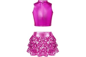TiaoBug Vestido Brillante de Baile Moderno para Niñas Conjunto Crop Top sin Manga y Falda Plisada de Cintura Elástica Disfraz de Baile Latino Jazz Animadoras