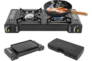 SANBOUSI Réchaud à gaz 2 en 1 pour camping - 2 feux - Avec plaque de cuisson pour barbecue et mallette de transport - Pour les activités de plein air comme le camping ou la randonnée
