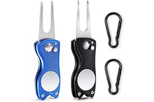 Kiuiom Pitch Fork Golf Arreglapiques,Arreglapiques Plegable,2PC Horquilla de Campo de Golf con Mosquetón Herramienta de Reparación de Divot de Golf para Mantenimiento del Césped (Negro Azul)