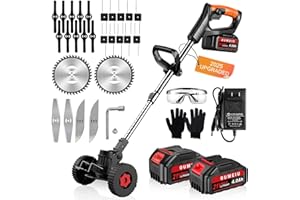 OUMEIU Akku Rasentrimmer mit Akku und Ladegerät, 3-in-1 Elektrischer Akku Motorsense & Rasentrimmer Rasen mit 2X 4.0Ah Akku & Metall Messer, Verstellbarer, Akku Freischneider für Rasenschneiden Garten, Hof