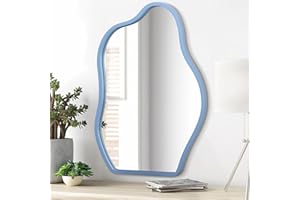 LZUSO Blue Irregular Wooden Framed Wall Mirror Modern Asymmetrical Unique Hanging Mirrors Artistic Unique Cloud Shape Wall Decor Bathroom Vanity Bedroom Living Room Entryway Hallway Small