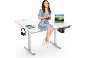 OFFIWAY Höhenverstellbarer Schreibtisch Elektrisch, Stabil Kein Schütteln Solide Stahlgestell, Ergonomischer Steh-Sitz Verstell Computertisch, One-Touch-LED Anzeige mit 3 Memory Funktion, Haken,120x60cm, Weiß