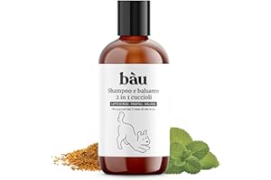 BÀU Bau Cosmesi Shampoo e Balsamo per Cani 2 in 1 Cuccioli Delicato, Idratante e Nutriente - Senza Parabeni e Siliconi, Naturale e Bio con Aloe Vera, Latte di Riso, Propoli, Melissa e Miele - 250 ml