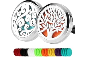 AROMA HOUSE 2 UNIDS Coche Aromaterapia Aceites Esenciales Difusor Ambientador 30mm Acero Inoxidable Negro Locket Vent Clip + 32 unids Almohadillas de Recarga (Árbol de la vida y nube (plata))