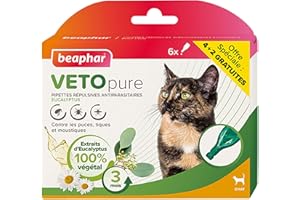 BEAPHAR – VETOPURE – Pipettes répulsives antiparasitaires pour Chat – Aux extraits d'Eucalyptus – Contre Les puces, tiques et moustiques – Protection 3 Mois – 6 pipettes