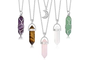 JeryWe 5pcs Crystal Pendant Necklace Spiritual Natural Healing Stone Amethyst Rose Quartz Gemstone Necklace Crystal Jewelry for Women