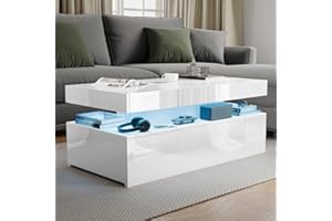 Blisswood High Gloss Coffee Table for Living Room, Rectangle Centre Table with 2 Drawer Storage, Modern Wooden Tea Table with LED RGB Lights for Home, Office & Living Room Furniture - White