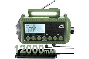 ROCAM Wind Up Radio with AM/FM/SW, 12000mAh Emergency Solar Radio with SOS Alarm, Wind Up Torch with Rechargeable Battery and Type-c Charger, Headphone Jack, IPX6 Waterproof, Portable