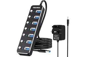 USB 3.0 Hub Powered, VKUSRA Aluminum 7 USB Port SuperSpeed USB Data Hub with 5V3A Power Adapter and Individual On/Off Switch for Surface Pro, Windows, PC Laptop, Desktop, NoteBook and More