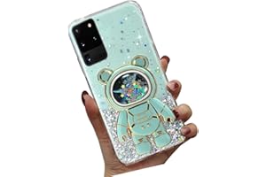 Tivenfezk Nadoli für Samsung Galaxy S20 Ultra Treibsand Bär Astronaut Versteckt Ständer Hülle,Karikatur Glitzer Astronaut Ständer Weiche Silikon Bling Handyhülle Durchsichtig Schutzhülle