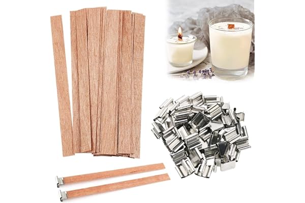 25 Ensembles Meche Bougie Bois avec 25 Bases en Métal, 5" Mèche de Bougie en Bois Trimmable pour la Fabrication de Bougies Parfumées, Meches Accessoires