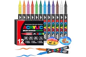 Bonala 12 Farben Acrylmarker Set - Professionelle Acrylstifte mit Pinselspitze für Erwachsene & Künstler, wasserbasierte Farbe für Stein, Glas, Stoff, Holz & Leinwand Kunstzubehör
