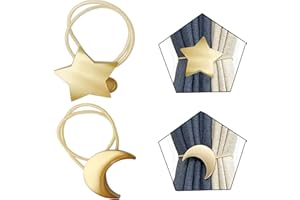 JGHCSZ Magnetic Curtain Tiebacks Clips Decorative Rope Holdbacks 1 Pair Gold Moon and Star Shape Window Curtain Drape Tie Backs for Window Draperies Hold, Bedroom Home Décor (1pc Moon +1pc Star)