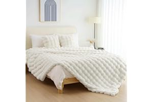 IKALIFE Weiche Kunstfelldecke Kuscheldecke Felloptik - Kunstfell Decke Plüsch Flauschig Felldecke Faux Kaninchenfell Decke Kuscheldecke Fell Bubble Decken für Couch Bett Sofa, 150 x 200 cm Creme