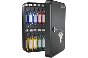 Uniclife 28-Key Steel Key Cabinet with 2 Unlocking Keys Wall Mounted Key Organizer Black Frosted Security Box with Hooks and Large Key Tag Labels Identifiers in 5 Assorted Colors