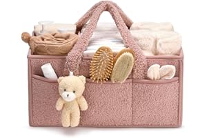 TARANGE Panier Rangement Bébé, Panier De Rangement Bebe à Langer Portable, Organisateur Table a Langer Bebe En Peluche Avec Compartiments Interchangeables, Pour Lingettes Humides Et Articles Pour Bébé (Rose)
