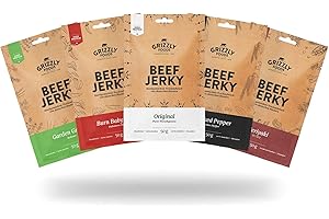 ‎GRIZZLY FOODS Grizzly Foods • Beef Jerky Probierpaket mit 5 Sorten (5 x 50g) • Trockenfleisch von deutschen Rindern • High Protein Snack • Ideal für Unterwegs, Büro, Sport