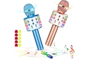 LAQULA Juego de 2 Micrófono de Karaoke Inalámbrico Bluetooth Con Luces LED Portátil de Mano Para Cantar Karaoke Máquina de Altavoz Regalos Para Niños Adultos (Con 10 Cubiertas de Micrófono Desechables)