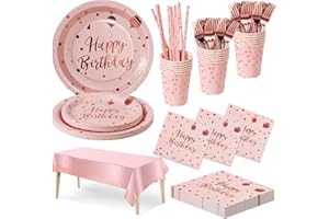 Nkaiso Anniversaire Party Vaisselle, 20 invités Pink et Rose Or Kit Vaisselles Anniversaire Assiette Dîner Papier Tasse Serviette Réutilisable Couverts Décorations fête Enfants