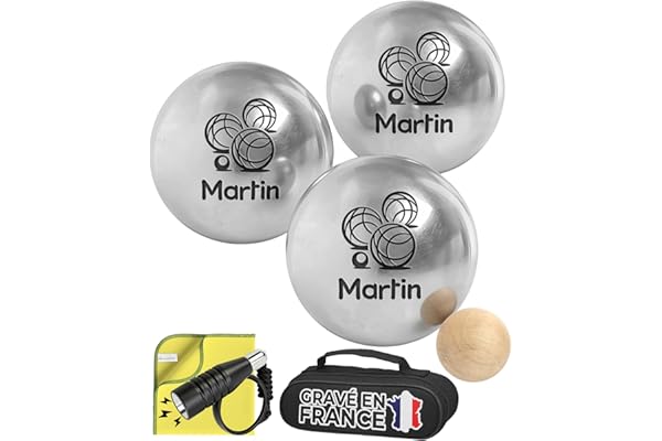 KDO MAGIC - Boule de pétanque personnalisée - Triplette 720g gravée - Pétanque Personnalisable - Lot de 3 Boules et 1 cochonnet - Idée Cadeau