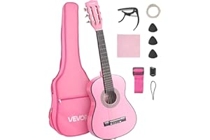 VEVOR Guitare Classique Débutants, 78 cm, avec Cordes en Nylon, Housse de Transport, Sangle, Accordeur, Cordes Supplémentaires, Médiators, Capodastre, en Tilleul, pour Jeunes Enfants Musiciens, Rose