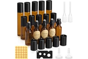 MELLIEX 15 Piezas Botellas Roll On Cristal, 10/5ml Marrón Botellas Rollon para Aceites Esenciales con Roll-on Bola de Acero Inoxidable para Masajes, Aromaterapia,Botella de Laboratorio